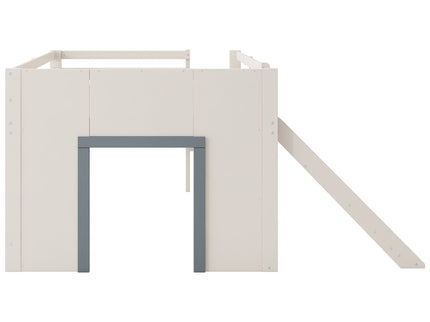 Modern Low Loft Bed With Slide, 3 Storage Drawers, And 2 Doors