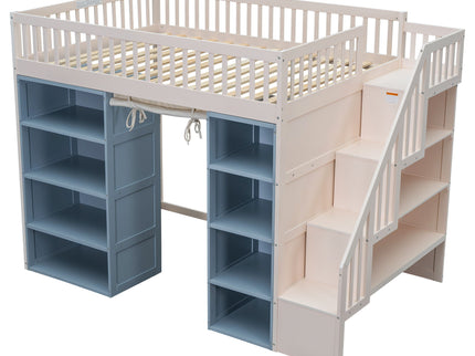 Full Size Loft Bed With 2 Four Layer Storage Cabinets And Curtain With Built In Staircase And Privacy Curtain - White