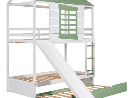 Twin Over Twin House Bunk Bed With Convertible Slide And Trundle - White