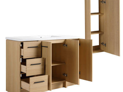 Freestanding Bathroom Vanity Set With Tall Side Cabinet, 3 Drawers And 3 Door Cabinet, Integrated Sink, Large Storage - Glossy White / Light Oak