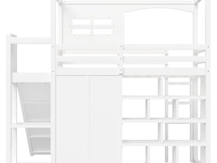 Twin Size Loft Bed With Wardrobe, Storage Shelves, Slide And LED - White