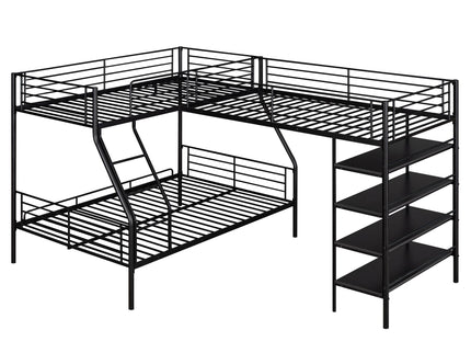 L-Shaped Twin Over Full Bunk Bed And Twin Loft Bed With 4 Built In Shelves - Black
