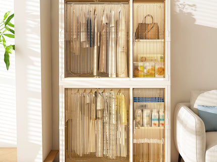Portable Wardrobe Closet Storage Organizer For Clothes, 6 Magnetic Doors With 6 Cubes & 2 Hanging Rods, 6 Hangers - Cream White