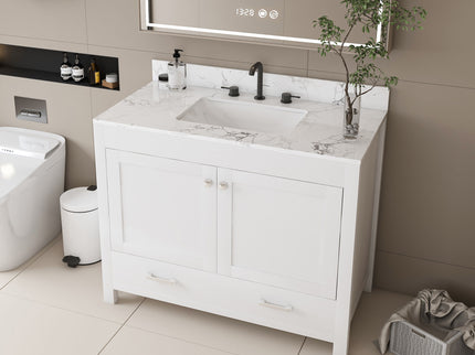 43" Bathroom Vanity With Artificial Marble Carrara Top Set, Multi Functional Bathroom Cabinet With Doors And Drawer - White