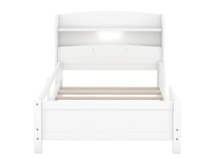 Wood Platform Bed With Built In LED Light, Storage Headboard And Guardrail