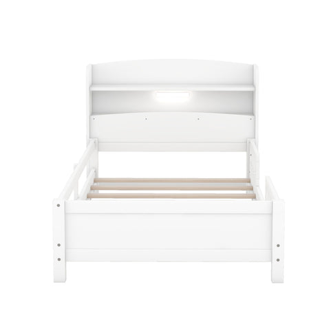 Wood Platform Bed With Built In LED Light, Storage Headboard And Guardrail