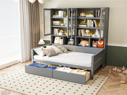 Daybed With Glass Door Storage Cabinets, Built In LED Lighting And Shelves