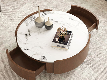 Round Coffee Table With Ball Feet, Dual Storage Drawers For Living Room - Walnut Brown