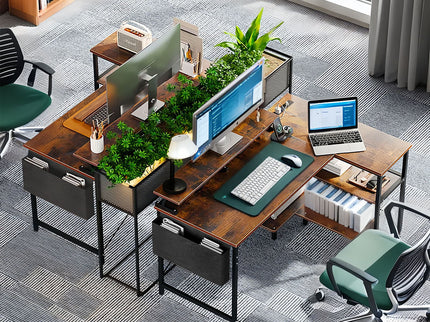 L-Shaped Gaming Desk With Power Outlets, Monitor Stand & Storage Shelves, Reversible Corner Workstation - Black / Brown