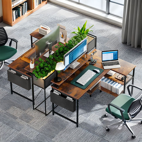 L-Shaped Gaming Desk With Power Outlets, Monitor Stand & Storage Shelves, Reversible Corner Workstation - Black / Brown