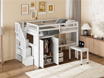 Loft Bed With Stairs, Bookshelf, Drawers, Desk & Wardrobe, Space Saving Multifunctional Furniture