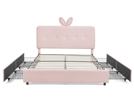 Upholstered Bed With Oversized Rabbit Ear Headboard, LED Lights & 4 Storage Drawers