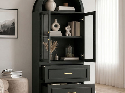 Arched Top Storage Cabinet With Fixed 2 Tier Shelves, 2 Large Drawers