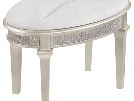 Colwood - Upholstered Oval Vanity Stool With Glitter Trim Seat - Silver Gray