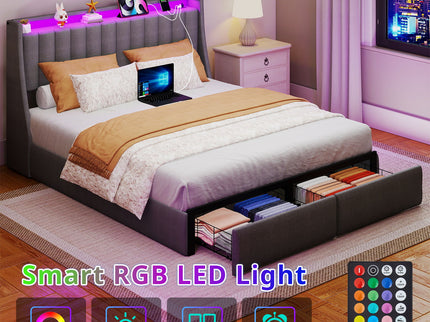 Upholstered Platform Bed Frame With RGB LED Lights, Charging Station & 2 Underbed Drawers