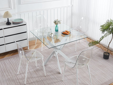 Dining Table With Cross Metal Leg And Tempered Glass, Modern Space Saving Kitchen Table For Living Room Legs, Square Table