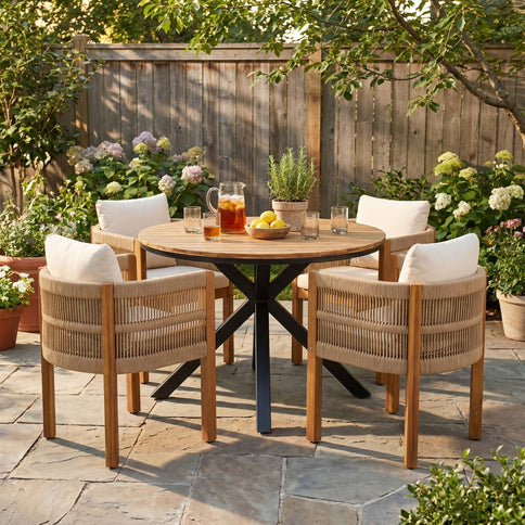 5 Piece Outdoor Dining Set With Round Table And 4 Wrapped Chairs - Black / Brown / Teak
