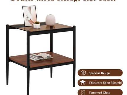 Modern Rectangle End Table (Set of 2) With Tempered Glass Tabletop And Layer - Brown