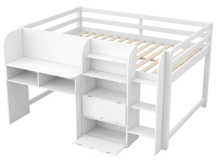 Low Loft Bed With Built In Desk, Storage Cabinets, Open Bookcase And Doodle board