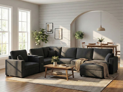 Modular 5 Seat U-Shape Sectional Sofa With Chaise Lounge, Built In Cup Holders And Storage Drawer