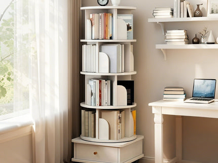 Rotating Bookshelf With Wheels And Drawer, 360° Spinning Design, Space Saving Storage