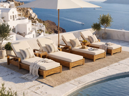 Chaise Lounge Set With 3 Position Adjustable Backrest, 2 Fold Cushion, Outdoor Recliner For Patio - Cream / Teak