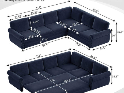 L-Shaped Sofa Couch With Pull Out Bed With Nailhead Trim & Rolled Arm