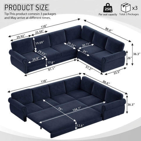 L-Shaped Sofa Couch With Pull Out Bed With Nailhead Trim & Rolled Arm