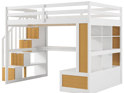 Full Size Loft Bed With Desk And Shelves, 2 Built In Drawers, Storage Staircase - Natural / White