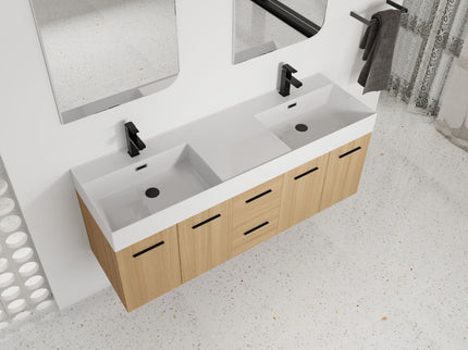 Floating Double Sink Bathroom Vanity With Drawers And Doors, Extra Large Storage, Integrated Sink, Soft Close Hardware - Glossy White / Light Oak