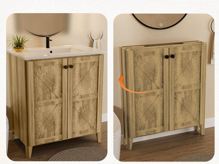 Folding Floor Cabinet With Ceramic Sink, Space Saving