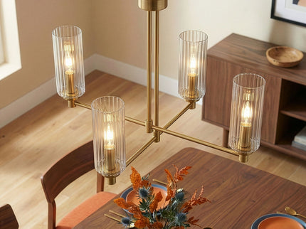 Enigma - 4 Lights Chandelier With Clear Ribbed Satin - Antique Brass / Clear / Gold