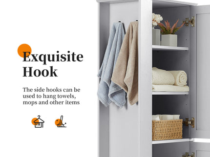 Tall Freestanding Bathroom Storage Cabinet With Adjustable Shelves And Side Hooks
