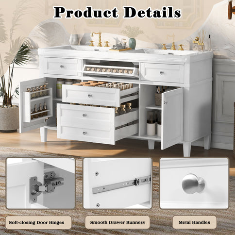 Bathroom Vanity Cabinet Only, 3 Drawers & 2 Doors, Adjustable Shelf, Soft Close Hinges - White