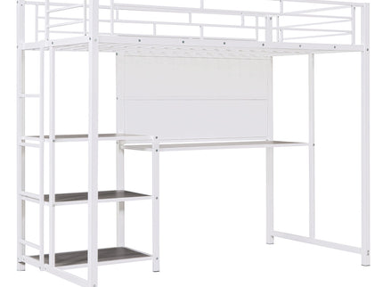 Metal Loft Bed With Desk, 3 Shelves And Ladder