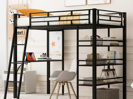 Loft Metal Bed With 3 Layers Of Shelves And Desk, Stylish Metal Frame Bed With board