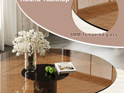 Round Dining Table With Tempered Glass Top - Brown