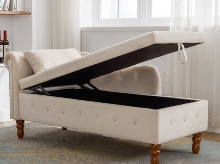 Chaise Lounge Indoor, Lounge Chair For Bedroom With Storage & Pillow, Modern Upholstered Rolled Arm Chase Lounge For Sleeping With Nailhead Trim For Living Room Bedroom Office