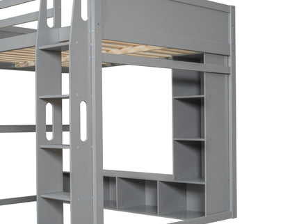 Full Size Gaming Loft Bed With Desk, Multi Storage Shelves, LED Lighting, And Hanging Clothes Rack - Gray
