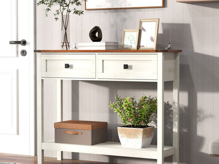 Farmhouse Style Console Table With 2 Drawers And Bottom Storage Shelf