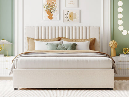 Upholstered Platform Bed With Drawers, Classic Headboard Design