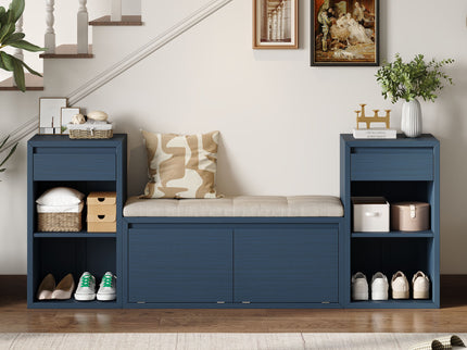 Entryway Storage Bench With Cushion, Drawers & Open Shelves
