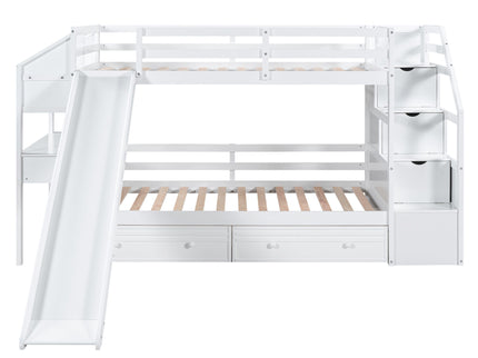 Bunk Bed With Storage Staircase, Slide, Desk, Drawers, And Shelves