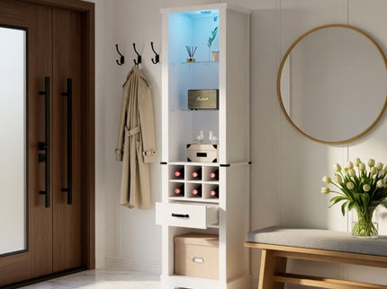 Pantry Cabinet With LED Lights, Wine Rack, Tempered Glass Shelves, And Barn Door Design - White