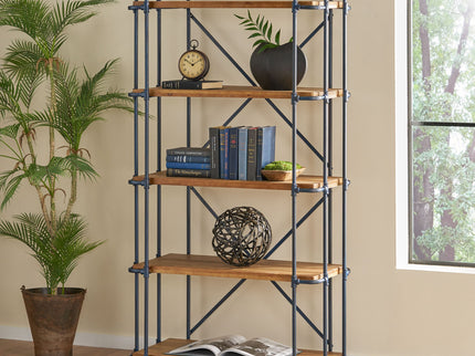 Yorktown - Industrial 5 Shelf Bookcase With Metal Pipework And Solid Fir - Natural
