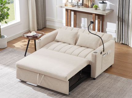 Convertible Sofa Bed Loveseat Sofa With Three USB Ports, Two Side Pockets, Two Cup Holders And 360° swivel Phone Holder For Living Room