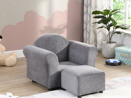Kids Velvet Upholstered Chair With Ottoman For Comfortable Seating - Gray
