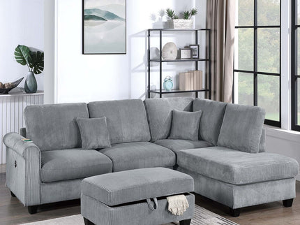 Contemporary Sectional Set With Right Arm Chaise, Left Arm Sofa With USB Port, Storage Ottoman