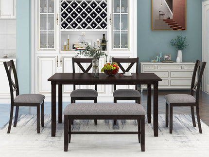 6 Piece Rectangular Dining Table Set With 4 Chairs And Bench