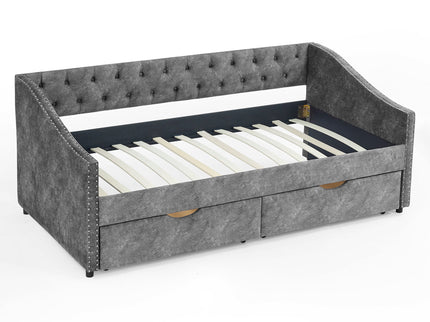 Upholstered Tufted Daybed With 2 Drawers, Waved Arms